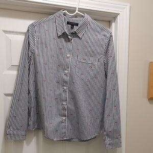 Banana Republic Navy and White Striped Dress Shirt with Red Lip Pattern